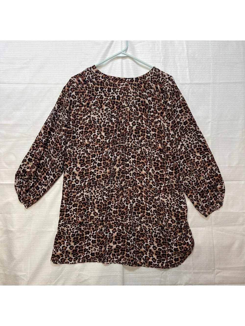 Cure Women's Leopard Print Blouse Brown Black 3/4 Sleeve V Neck 3XL - Picture 2 of 9